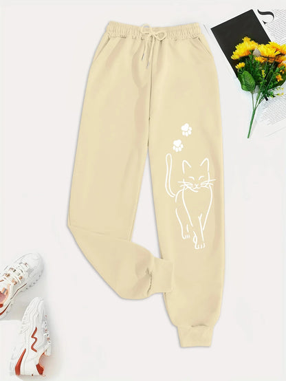 Elegant Cat Print Casual Versatile Women Pants Fashion Trendy Trousers With Drawstring Pockets Comfortable Sweatpants Female