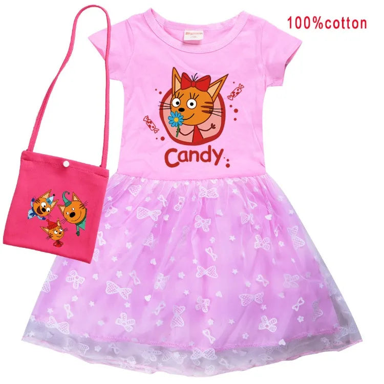Kid-e-cats Clothes Kids Three Kitten Russian Cartoon Clothing Baby Girl Halloween Costume Dresses Children Princess Vestidos Bag
