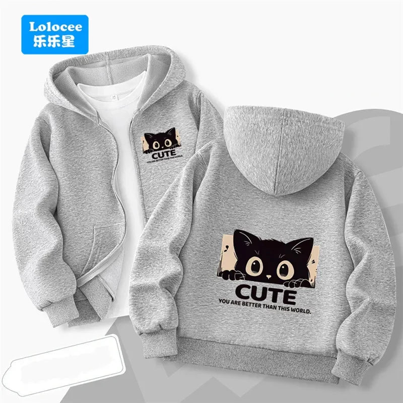 Cute Black Cat Print Zip-up Jacket Spring Boys Hooded Sweatshirt Cartoon Zipper Coat Autumn Kids Outdoor Hoodie Clothing MKA1