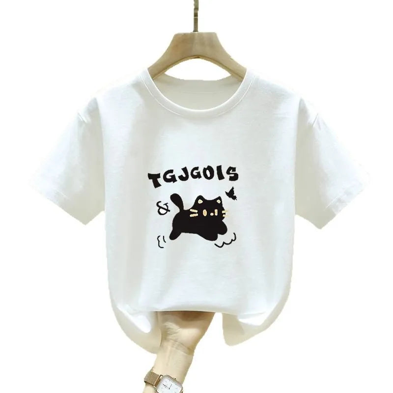 Cute Cat Design Childrens Short Sleeve T Shirt Summer Fashion Top for Girls Kids Clothes