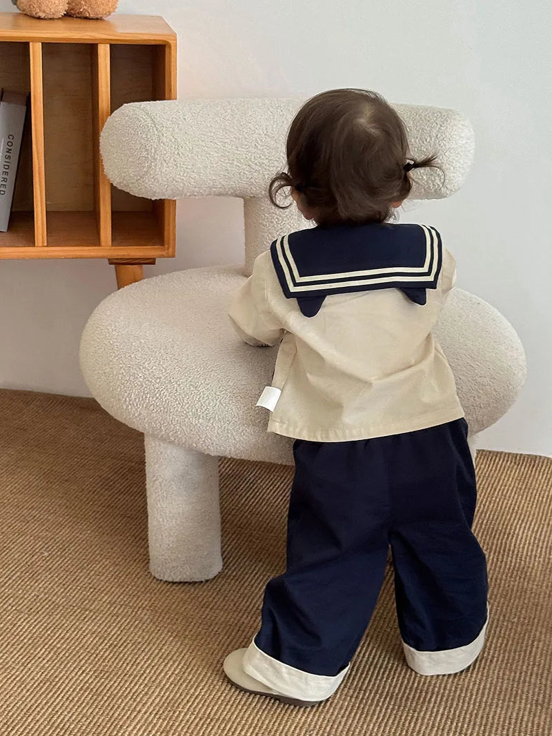 MILANCEL New Autumn Kids Clothes 9M-5T Sweet Cartoon Cat Girls Navy Style Coat +Wide Leg Pants Loose Korean Children Outfit 2PCS