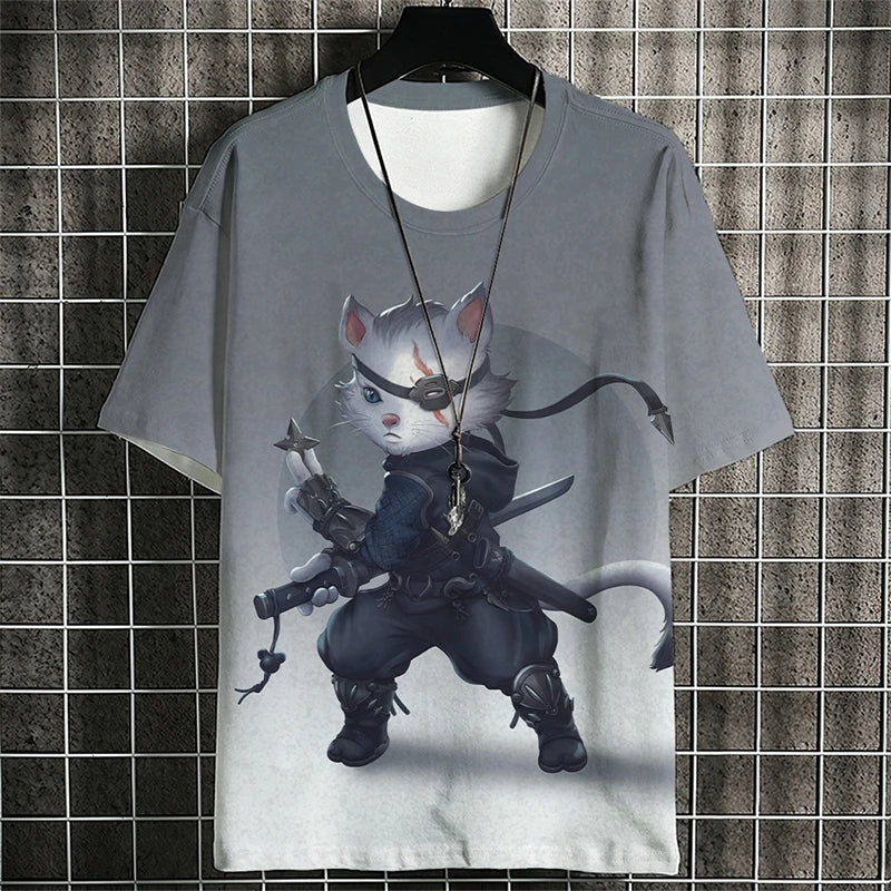 Fashion Warrior Cat Graphic T Shirts For Men Trend Summer Crew Neck 3D Cat Printed Kids T-shirts Cool Streetwear Harajuku Tees
