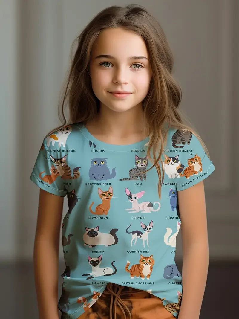 Kids Clothes Children's T-Shirt Girl Short Sleeve Top Cartoon Cat Kawaii Girls Summer Clothes Child T-Shirt  Children's Clothing