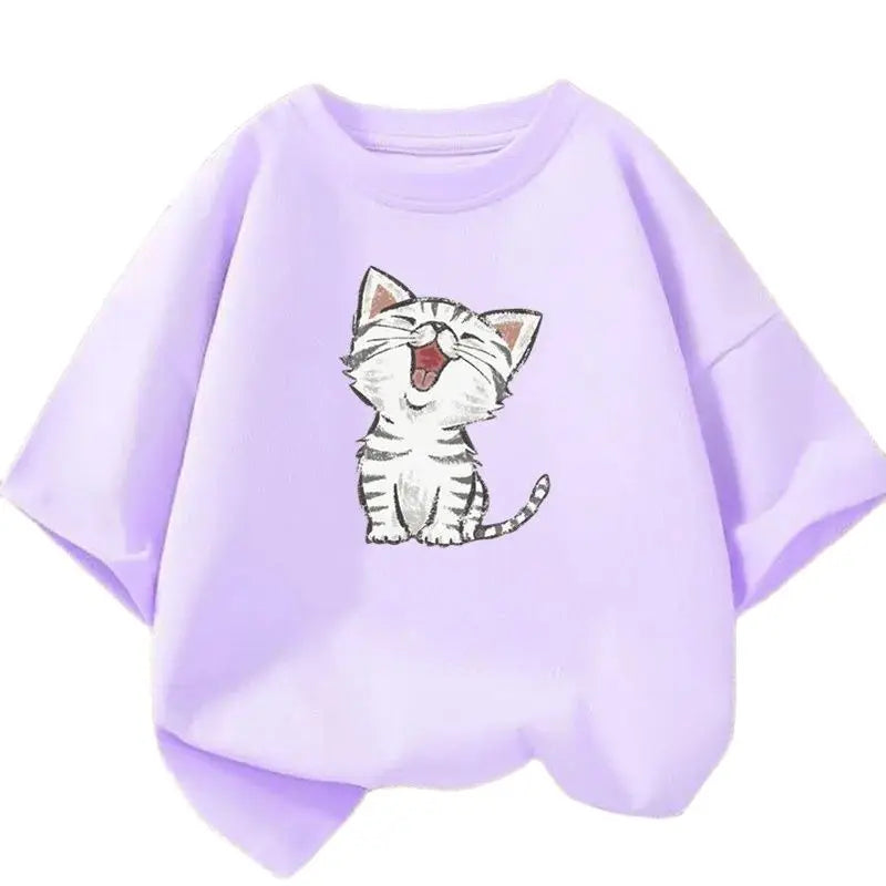Kids Lovely Cat Pet Animal T Shirt Fashion Summer Girls Cute Casual Top Short Sleeve Tshirts Children Cartoon Graphic Tee