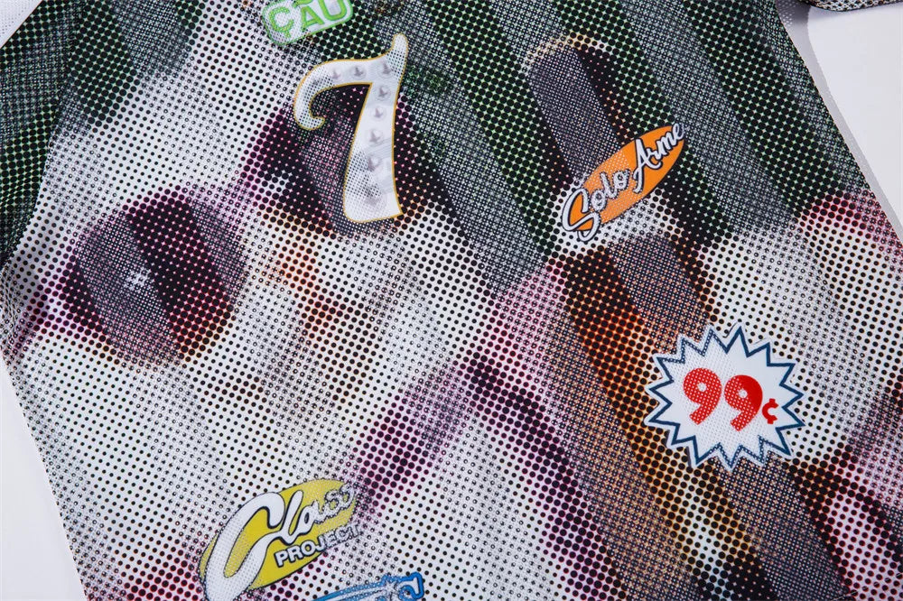 Cat Print Short Sleeve T-shirt Mens Summer Retro High Street Loose Raglan Half-Sleeve V-neck Breathable Mesh Tshirt Men