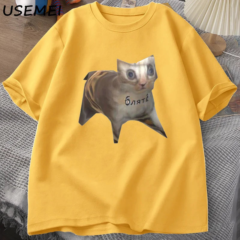 Russian Cat Meme T-shirts Funny Graphic Print Cat T Shirt Women Men Casual Cotton T-shirt Unisex Oversized Tee Shirt Man Clothes