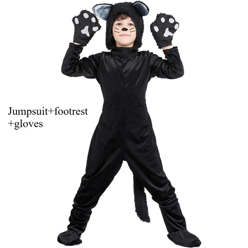Children's Day Black Cat Cosplay Kids Costume Cute Kitten Animal Onesie Gloves Hat Suit Suitable for Stage Show Halloween Party
