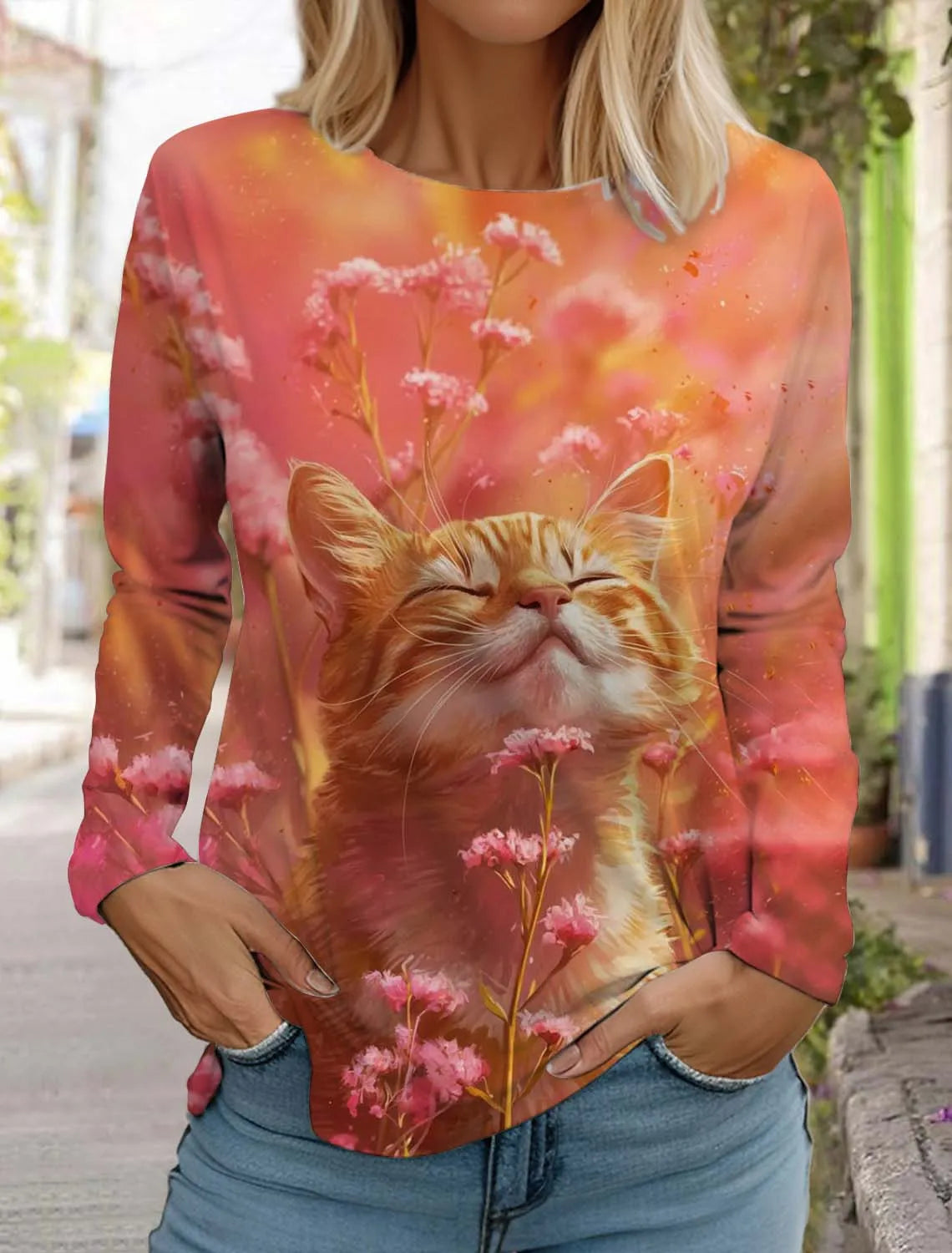 Women's Cute Cat Long Sleeves T-Shirt Round Neck Long Sleeved Autumn Animal Clothing Holiday Gift Clothing Fashion Party T-Shirt