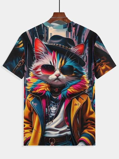 Men's Summer Fashion T-Shirt with Cool Cat 3D Print – Comfortable Polyester,Round Neck,Short Sleeves,Vibrant Casual Wear