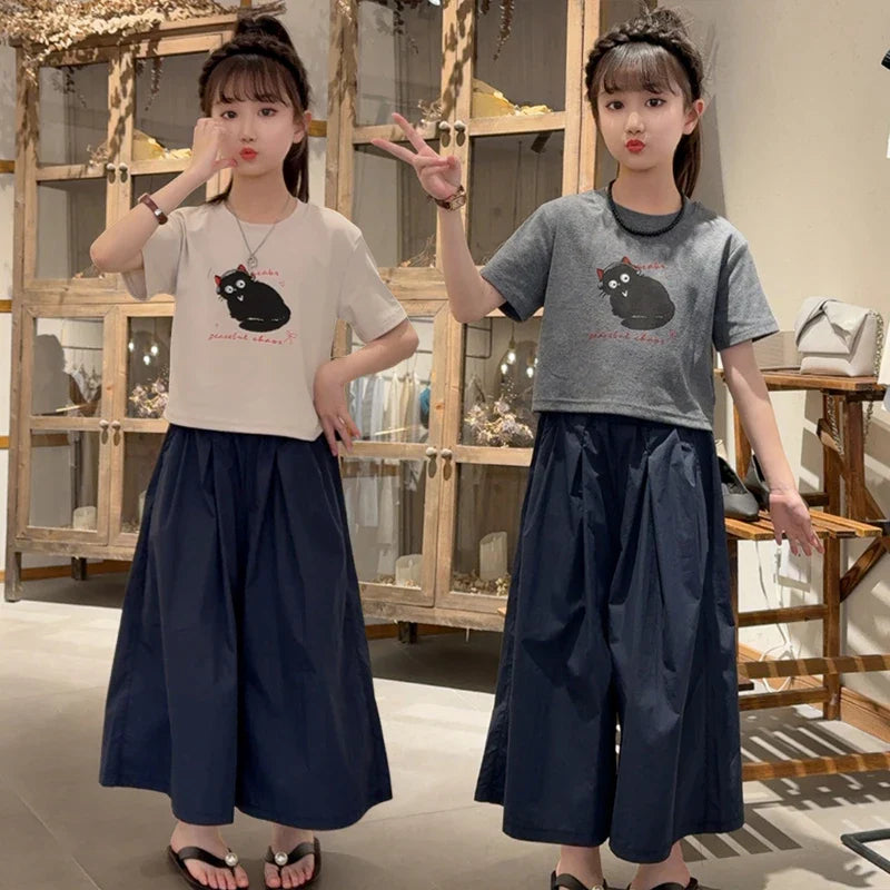 Girls Clothing Set Cartoon Cat Print T-shirt+Straight Through Pants 2Pcs Suit For 2-8 Years Kids Casual Outfit 2025 Summer New