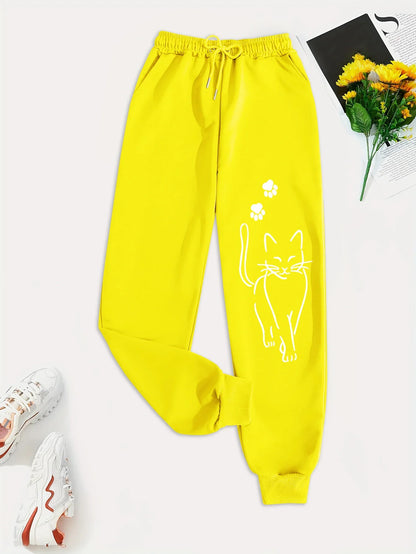 Elegant Cat Print Casual Versatile Women Pants Fashion Trendy Trousers With Drawstring Pockets Comfortable Sweatpants Female