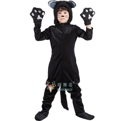 Children's Day Black Cat Cosplay Kids Costume Cute Kitten Animal Onesie Gloves Hat Suit Suitable for Stage Show Halloween Party