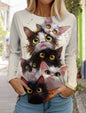 Women's Cute Cat Long Sleeves T-Shirt Round Neck Long Sleeved Autumn Animal Clothing Holiday Gift Clothing Fashion Party T-Shirt