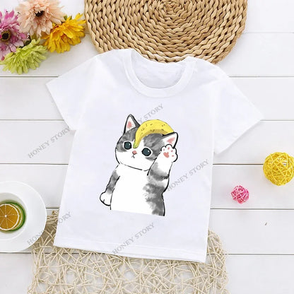 Cats Kids T Shirt Personalized Cartoon Cat Print Fashion Children's T-shirt Short Sleeve Children's Summer Boys Clothes Tops Tee