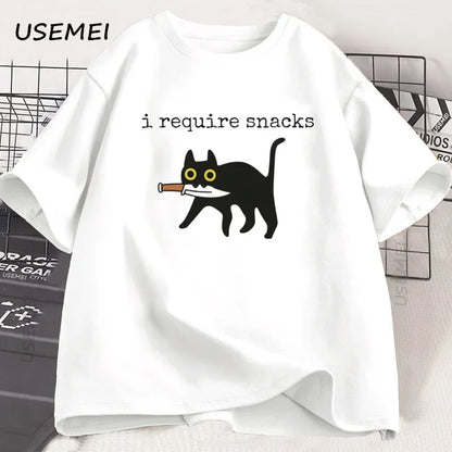 I Require Snacks T-Shirt Men Funny Black Cat Tshirt Cat Mom Cotton Short Sleeve Round Neck Tees Streetwear Man Clothes Tops