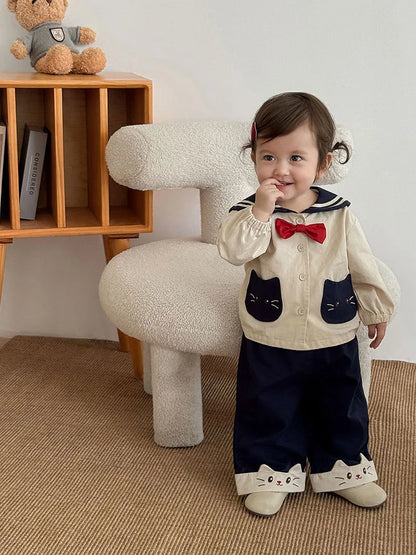 MILANCEL New Autumn Kids Clothes 9M-5T Sweet Cartoon Cat Girls Navy Style Coat +Wide Leg Pants Loose Korean Children Outfit 2PCS
