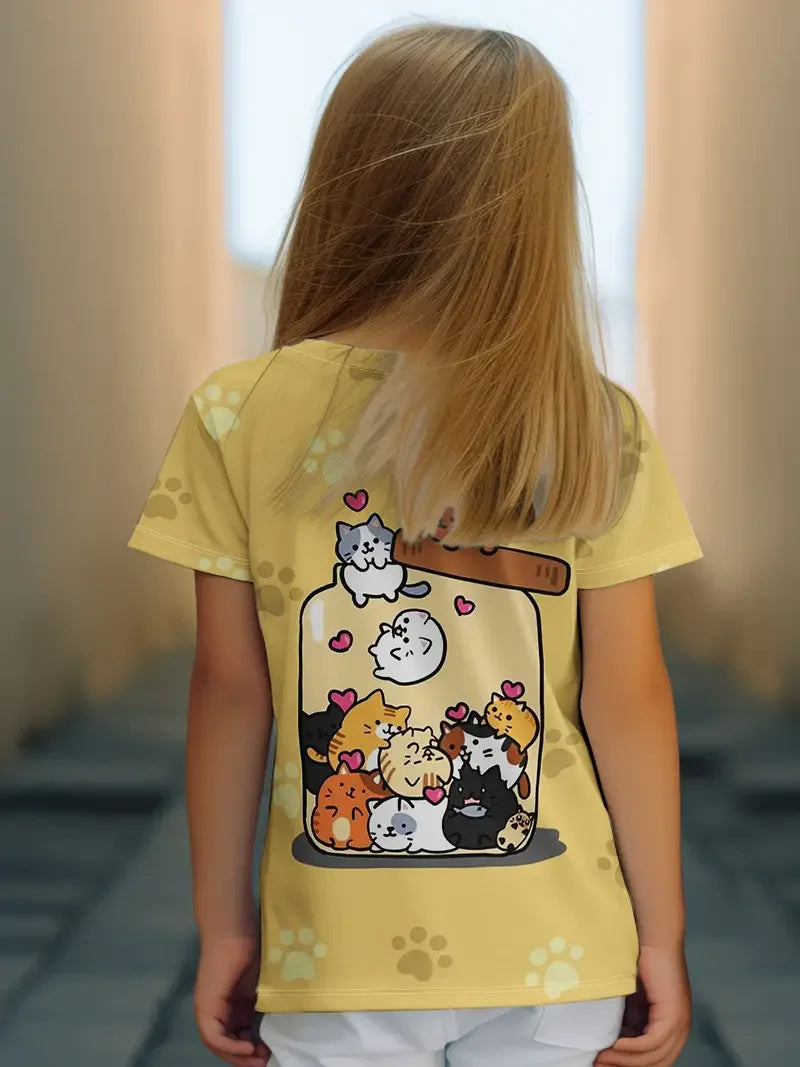 Kids Clothes Children's T-Shirt Girl Short Sleeve Top Cartoon Cat Kawaii Girls Summer Clothes Child T-Shirt  Children's Clothing