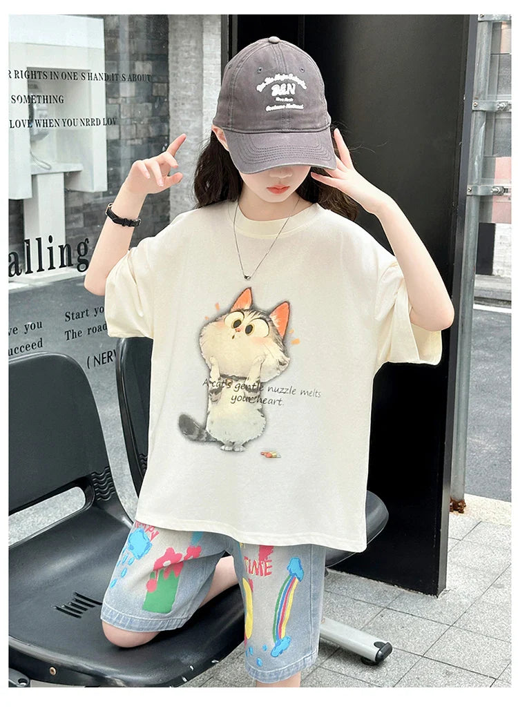 Kids Summer Cartoon Cat Print Tracksuit for Teenage Girl 5 6 7 8 9 10 11 12 13 14 Years Old Child Casual Top Bottom Clothes Set