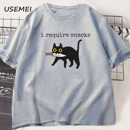 I Require Snacks T-Shirt Men Funny Black Cat Tshirt Cat Mom Cotton Short Sleeve Round Neck Tees Streetwear Man Clothes Tops