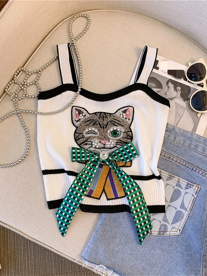 2026 Femali Cat Embroidered Knitted Cami Top Women Y2K Sleeveless Crop Top For Spring & Summer Women's Clothing
