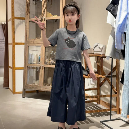 Girls Clothing Set Cartoon Cat Print T-shirt+Straight Through Pants 2Pcs Suit For 2-8 Years Kids Casual Outfit 2025 Summer New