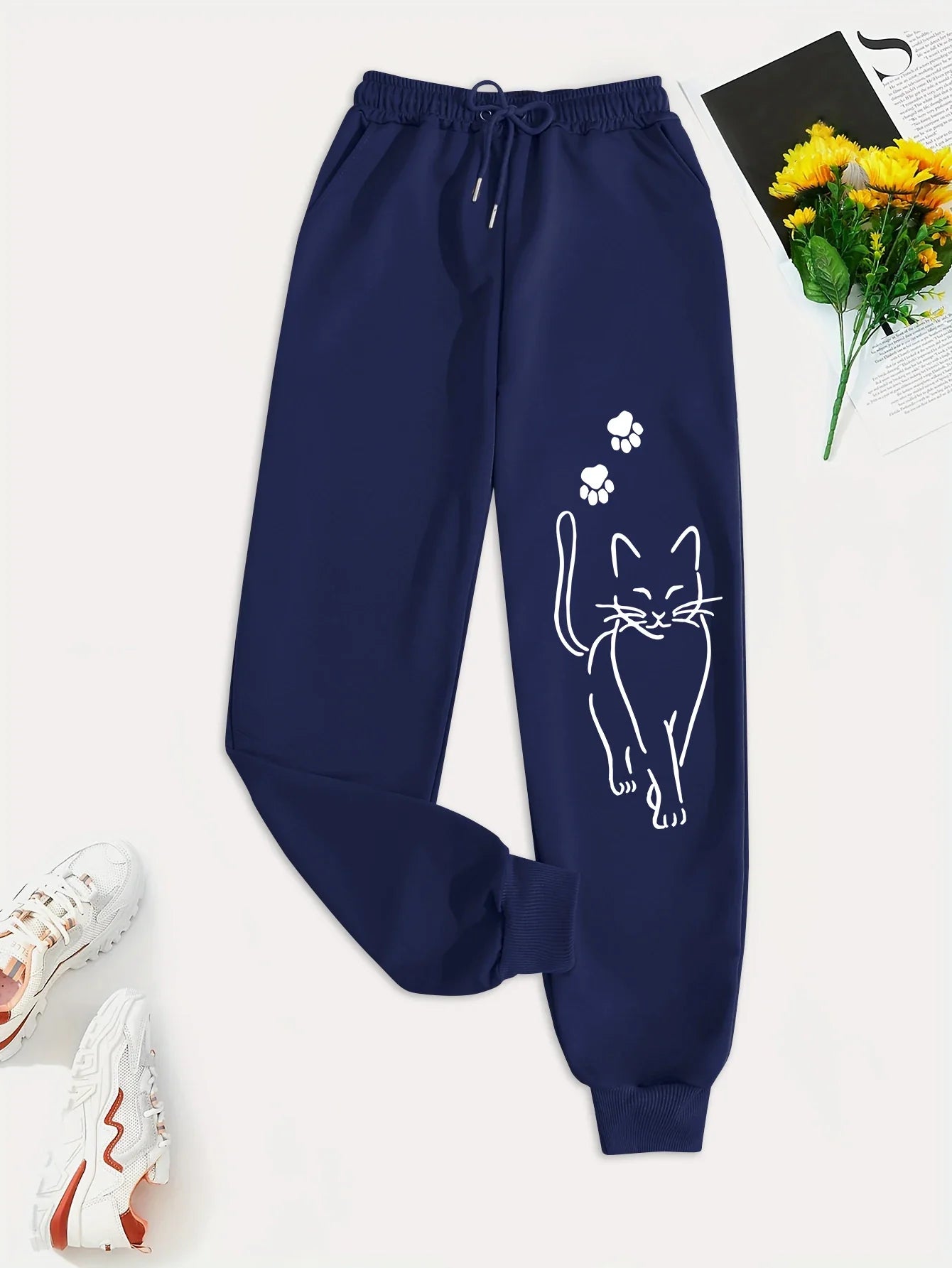 Elegant Cat Print Casual Versatile Women Pants Fashion Trendy Trousers With Drawstring Pockets Comfortable Sweatpants Female