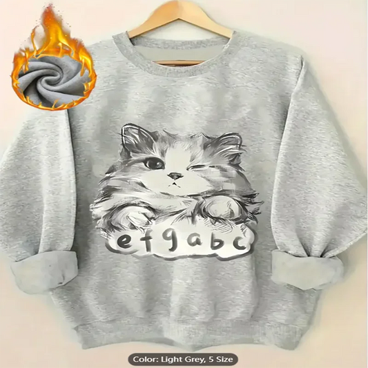 Womens Light Grey Sweatshirt Winking Cat Graphic Print Fleece Lined Casual Oversized Pullover Top for Cat Lovers Pure Cotton