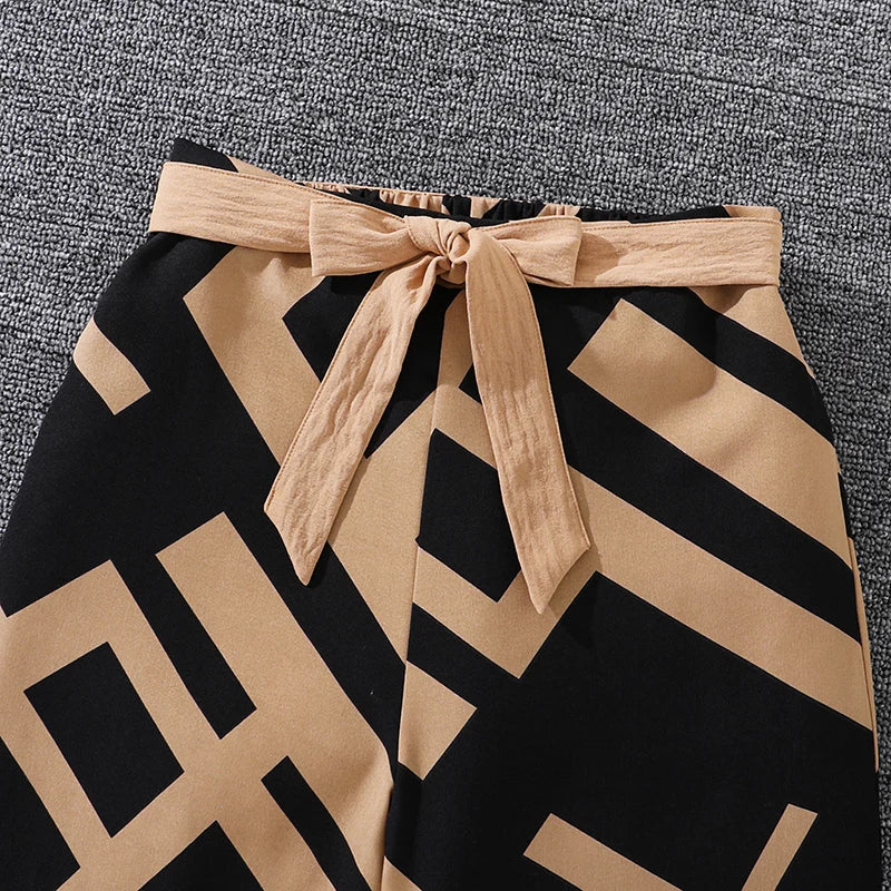 Kids Clothing Sets For Girls Khaki Off-shoulder Long sleeve Top & Stripe Printing Pants Summer Resort Style Children Suits OOTD