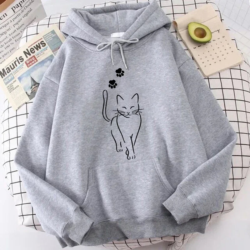 Whimsical Cat Print Sweatshirts Cat Women Kawaii Kangaroo Pocket Hoodies Girl Casual Pullovers Female Animal Hooded 90s Clothing
