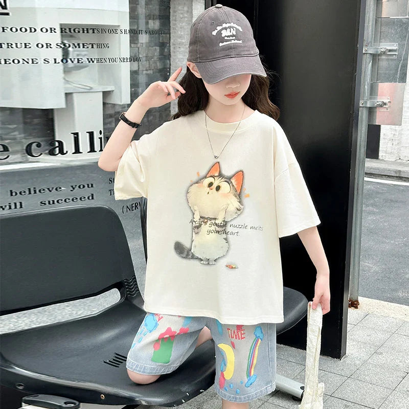 Kids Summer Cartoon Cat Print Tracksuit for Teenage Girl 5 6 7 8 9 10 11 12 13 14 Years Old Child Casual Top Bottom Clothes Set