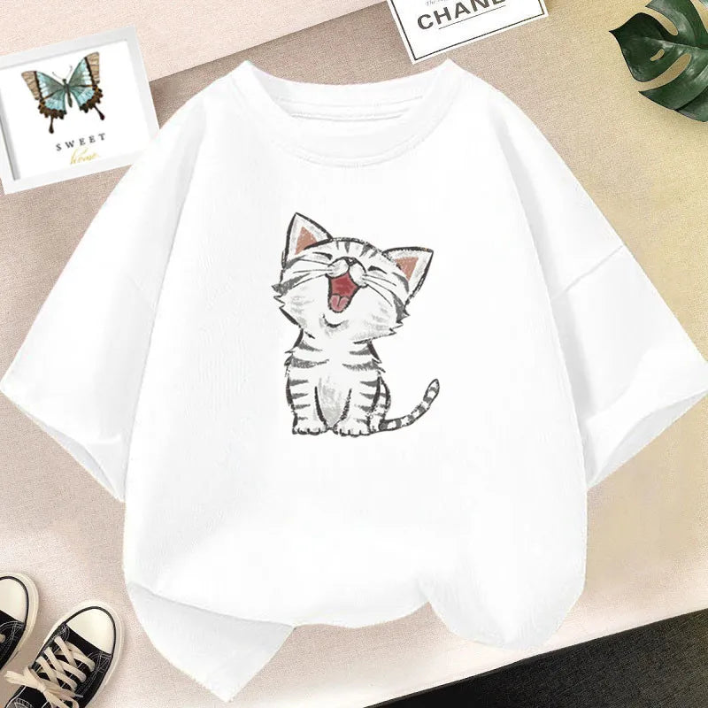 Kids Lovely Cat Pet Animal T Shirt Fashion Summer Girls Cute Casual Top Short Sleeve Tshirts Children Cartoon Graphic Tee