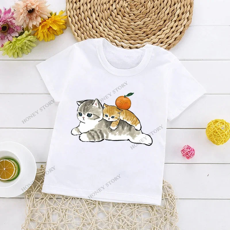 Cats Kids T Shirt Personalized Cartoon Cat Print Fashion Children's T-shirt Short Sleeve Children's Summer Boys Clothes Tops Tee