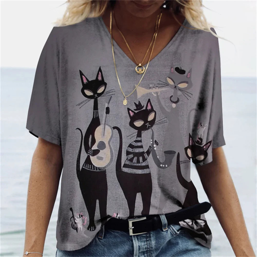 Cartoon Anime Cat Women's T-Shirts Fashion Top Tee 3d T-Shirt Harajuku Casual Short Sleeve V-Neck Oversized Female Clothing