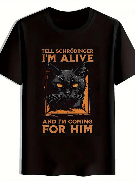 Men's T-shirt Vintage Cat with Orange Eyes and Schrodinger Humor Meme Tee Hip Hop Women Harajuku Y2k Cotton Streetwear Oversized