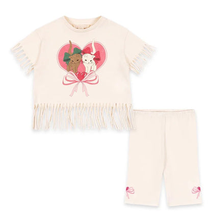 Summer 2025 KS Children Clothes Set Girls Cute Cat Print Tassels T-shirts Shorts Suit Kids Thin Soft Sling Dresses Girl Clothing