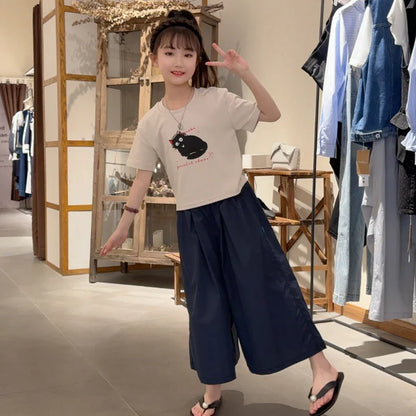 Girls Clothing Set Cartoon Cat Print T-shirt+Straight Through Pants 2Pcs Suit For 2-8 Years Kids Casual Outfit 2025 Summer New