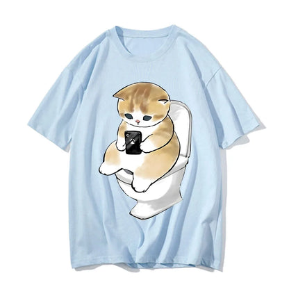 Cute Kitten Cat Play Games Print Avant-garde Fashion Trend Loose Cotton Round Neck Short Sleeve Men's T-shirt Korean Clothing