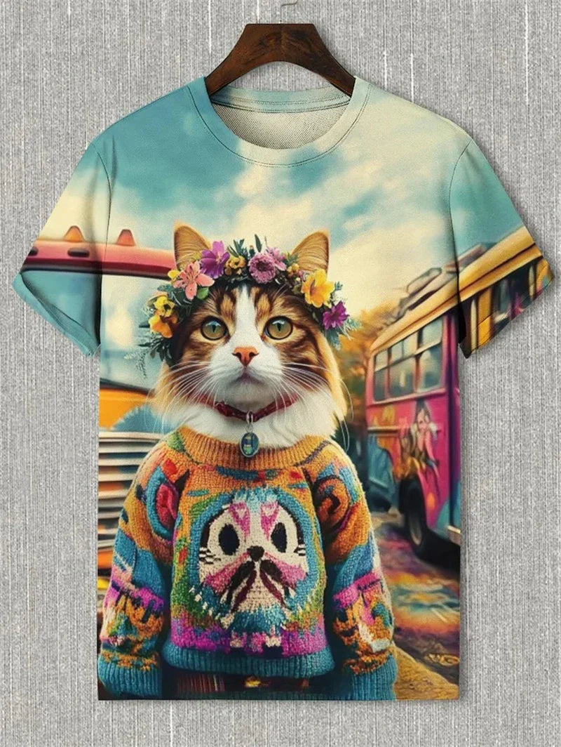Funny Cat Graphic T Shirts For Men Fashion Summer Short Sleeve Crew Neck 3D Printed Kids T-shirts Casual Oversized Harajuku Tees