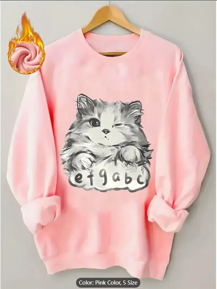 Womens Light Grey Sweatshirt Winking Cat Graphic Print Fleece Lined Casual Oversized Pullover Top for Cat Lovers Pure Cotton