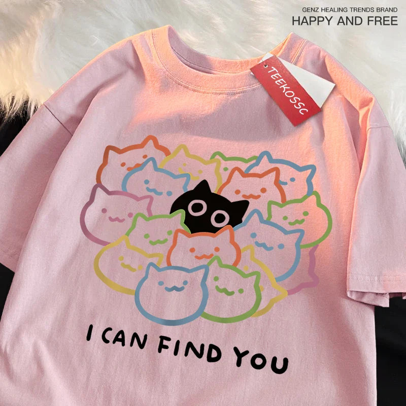I Can Find You Fun Cat Print Tshirt Men Women Fashion Oversize T-Shirt Summer 100% Cotton Tee Clothing Loose Fashion Casual Tops