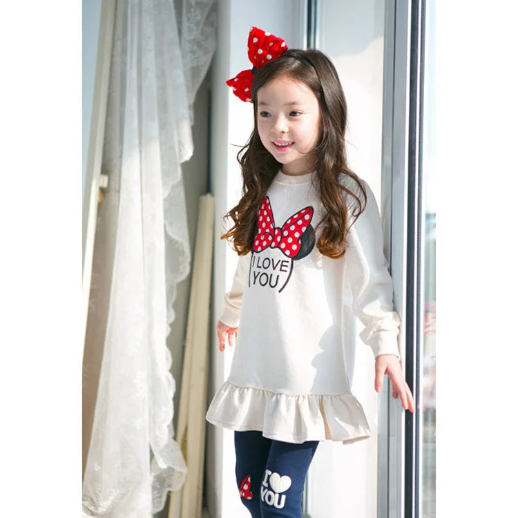 Kids Clothing Set Spring Autumn Cartoon Bow Knot Long Sleeve Cotton Shirt+Leggings 2Pcs Suit For 3-8 Years Girls Casual Outfit