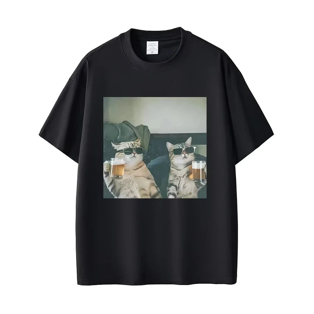 Fun cat beer T-shirt for men 100% cotton casual T-shirt retro short-sleeved fashionable round-neck T-shirt