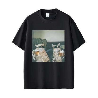 Fun cat beer T-shirt for men 100% cotton casual T-shirt retro short-sleeved fashionable round-neck T-shirt