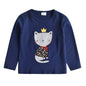 VIKITA Girls Cat Cartoon Print T Shirts Kids Navy O Neck Autumn Spring Cotton Casual Daily Long Sleeve Tops Tees Kids Clothing