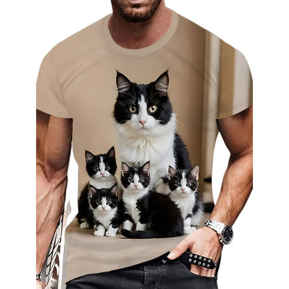 Men's T-Shirt Funny Cat Pattern Cool Printed Men's Short Sleeve Fashion O-Neck T-Shirt Outdoor Casual Lightweight Men's Clothing