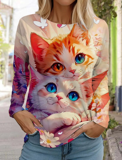 Women's Cute Cat Long Sleeves T-Shirt Round Neck Long Sleeved Autumn Animal Clothing Holiday Gift Clothing Fashion Party T-Shirt