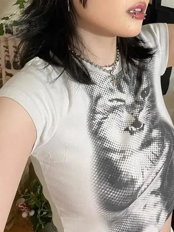 Pure Cotton Sexy Cat Printed Short-sleeved T-shirt for Women with Slim Slim Versatile Top
