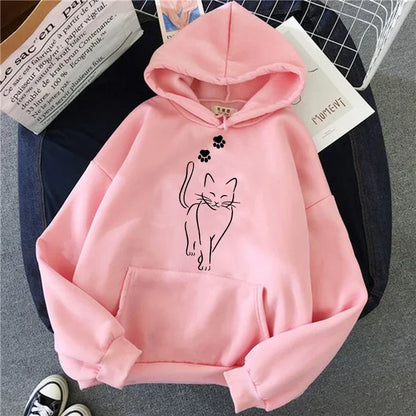 Whimsical Cat Print Sweatshirts Cat Women Kawaii Kangaroo Pocket Hoodies Girl Casual Pullovers Female Animal Hooded 90s Clothing