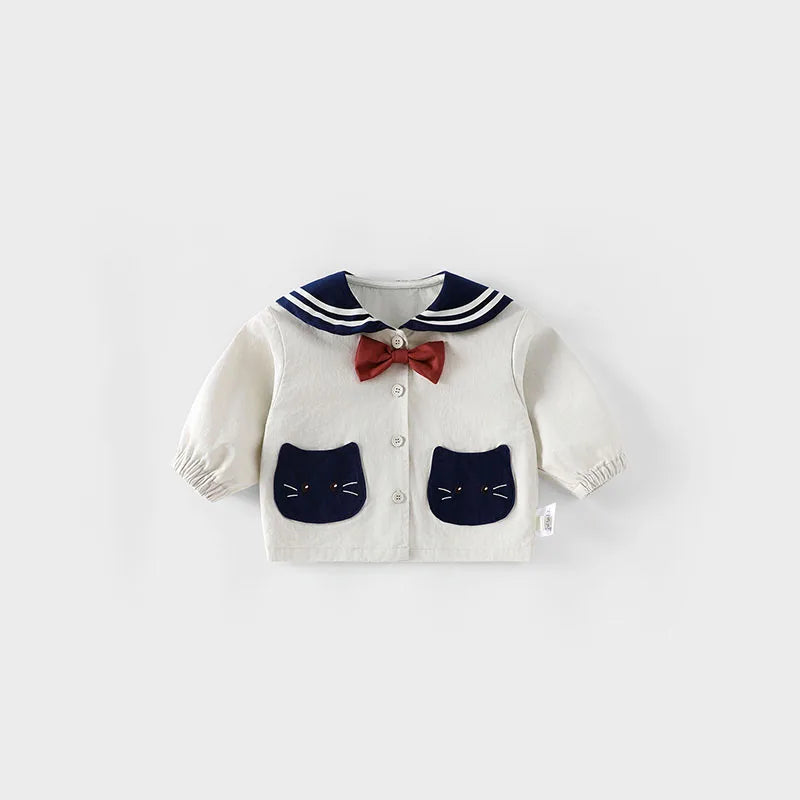 MILANCEL New Autumn Kids Clothes 9M-5T Sweet Cartoon Cat Girls Navy Style Coat +Wide Leg Pants Loose Korean Children Outfit 2PCS