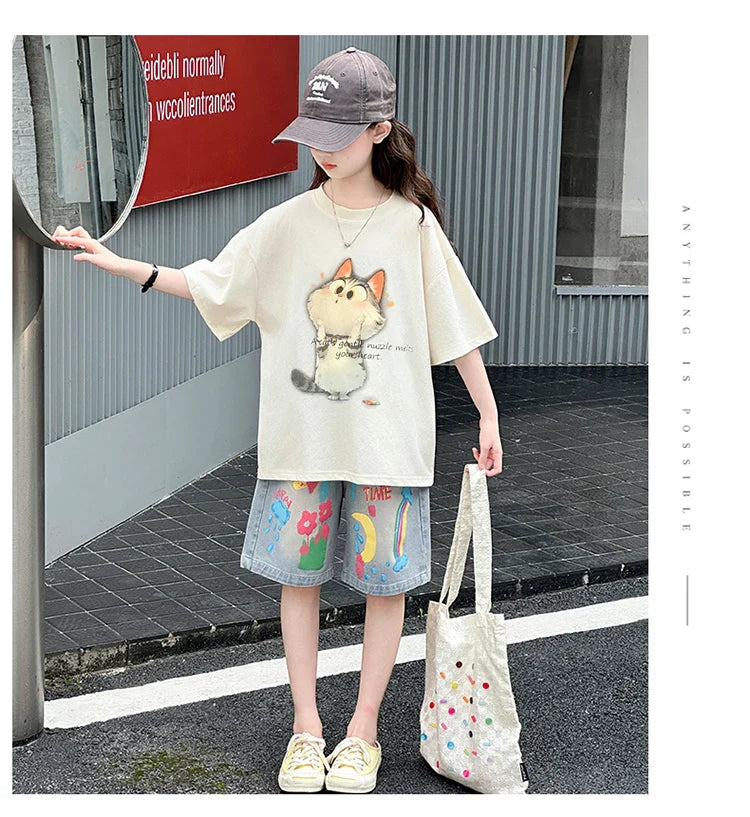 Kids Summer Cartoon Cat Print Tracksuit for Teenage Girl 5 6 7 8 9 10 11 12 13 14 Years Old Child Casual Top Bottom Clothes Set